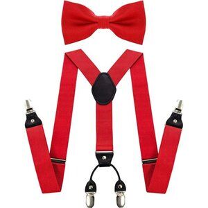 JEMYGINS Solid Color Suspender and Silk Bow Tie Sets for Men
